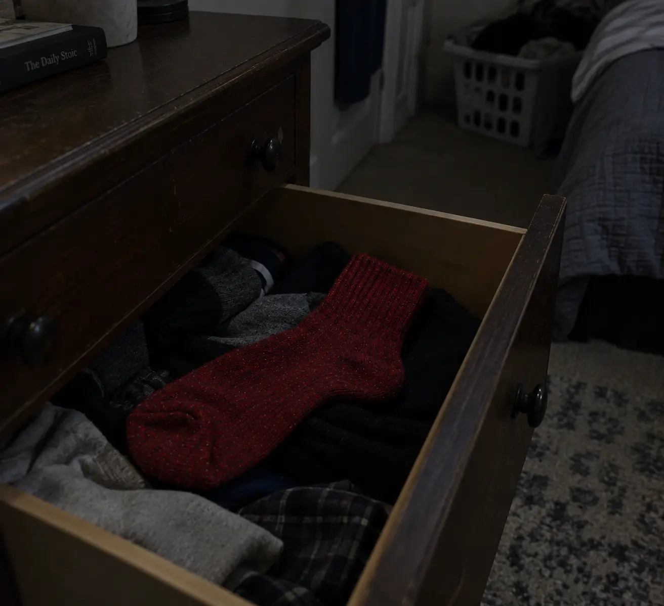 The Emergency Sock: Wool blend, red, kept in a desk drawer